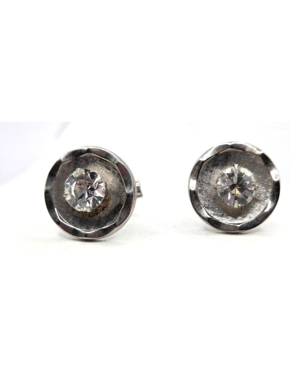 Vintage Silver-Tone Cufflinks With Clear Rhinestone Accent Round Design